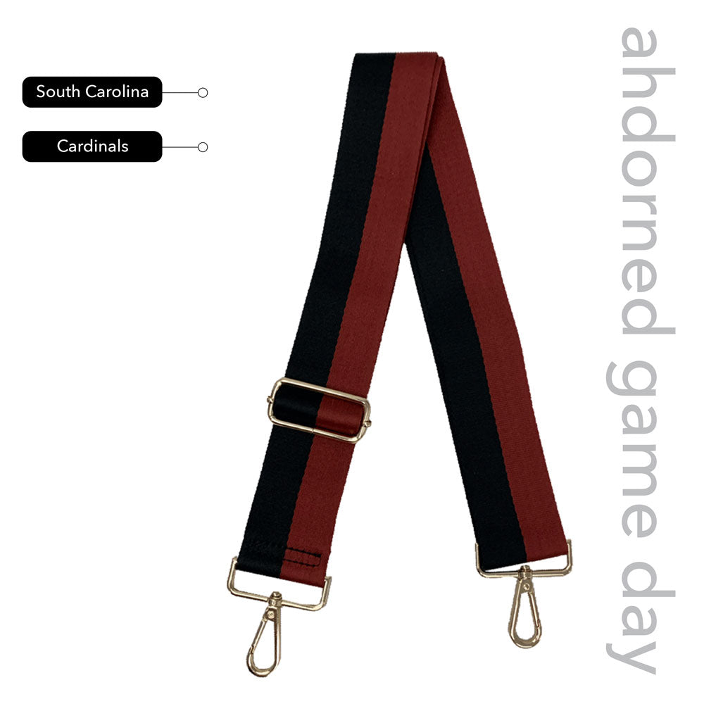 Garnet & Black Striped Game Day Bag Strap, text says "ahdorned game day, South Carolina, Cardinals"