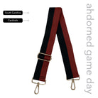 Garnet & Black Striped Game Day Bag Strap, text says "ahdorned game day, South Carolina, Cardinals"