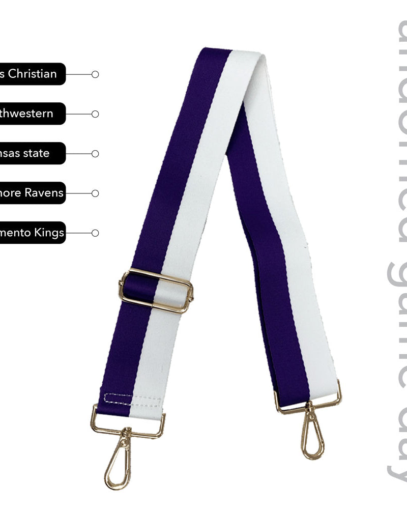 Purple & White Striped Game Day Bag Strap, text says "ahdorned game day, Texas Christian, Northwestern, Kansas State, Baltimore Ravens, Sacramento Kings"