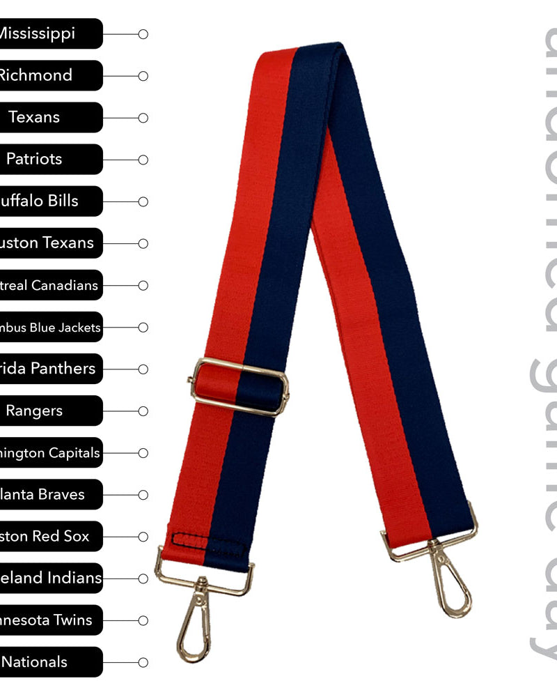 Red & Navy Striped Game Day Bag Strap, text says "ahdorned game day, Mississippi, Richmond, Texans, Patriots, Buffalo Bills, Houston Texas, Montreal Canadians, Columbus Blue Jackets, Florida Panthers, Rangers, Washington Capitals, Atlanta Braves, Boston Red Sox, Cleveland Indians, Minnesota Twins, Nationals"