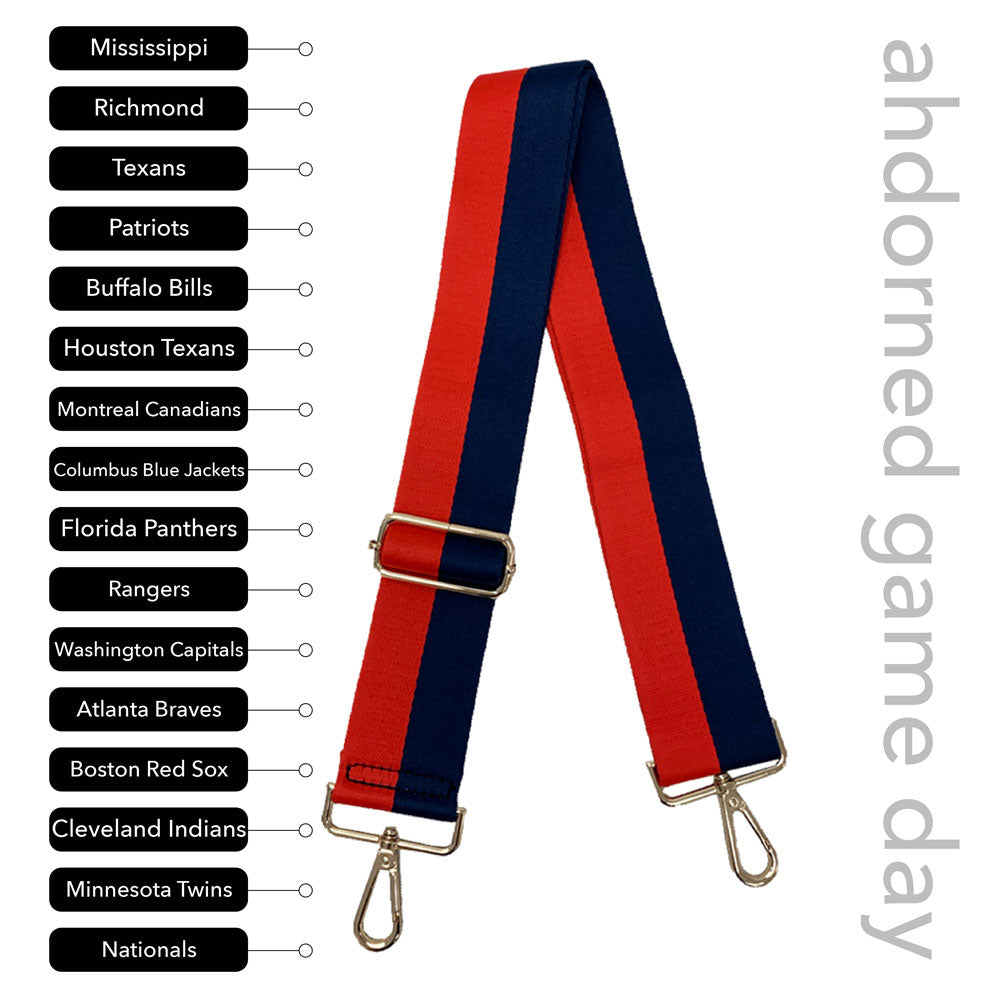Red & Navy Striped Game Day Bag Strap, text says "ahdorned game day, Mississippi, Richmond, Texans, Patriots, Buffalo Bills, Houston Texas, Montreal Canadians, Columbus Blue Jackets, Florida Panthers, Rangers, Washington Capitals, Atlanta Braves, Boston Red Sox, Cleveland Indians, Minnesota Twins, Nationals"