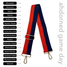 Red & Navy Striped Game Day Bag Strap, text says "ahdorned game day, Mississippi, Richmond, Texans, Patriots, Buffalo Bills, Houston Texas, Montreal Canadians, Columbus Blue Jackets, Florida Panthers, Rangers, Washington Capitals, Atlanta Braves, Boston Red Sox, Cleveland Indians, Minnesota Twins, Nationals"