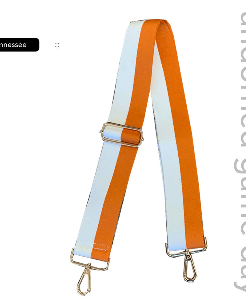 Orange & White Striped Game Day Bag Strap, text says "ahdorned game day, Tennessee"