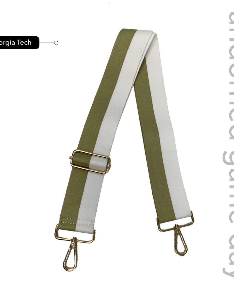 Gold & White Striped Game Day Bag Strap, text says "ahdorned game day, Georgia Tech"