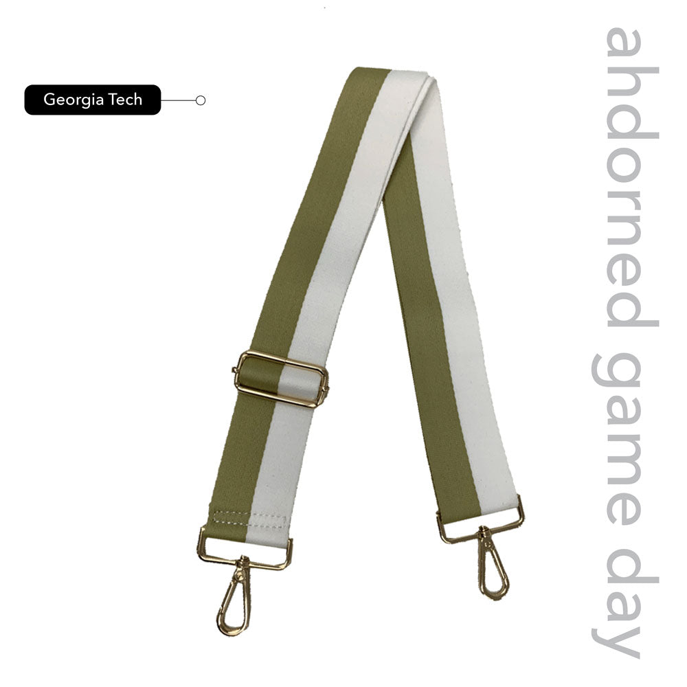 Gold & White Striped Game Day Bag Strap, text says "ahdorned game day, Georgia Tech"