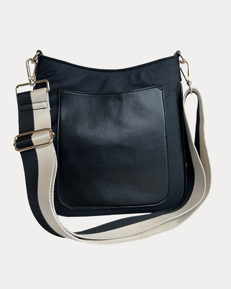 Jackie Nylon-Vegan Leather Messenger in Black with Cream-Black Striped Strap.