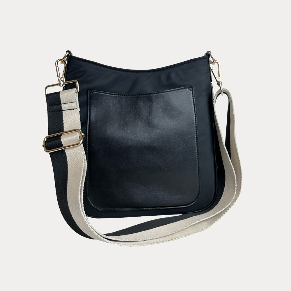 Jackie Nylon-Vegan Leather Messenger in Black with Cream-Black Striped Strap.
