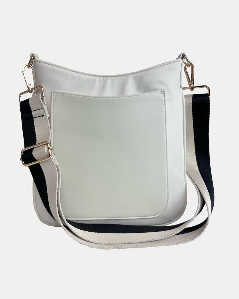 Jackie Nylon-Vegan Leather Messenger in Cream with Cream-Black Striped Strap.