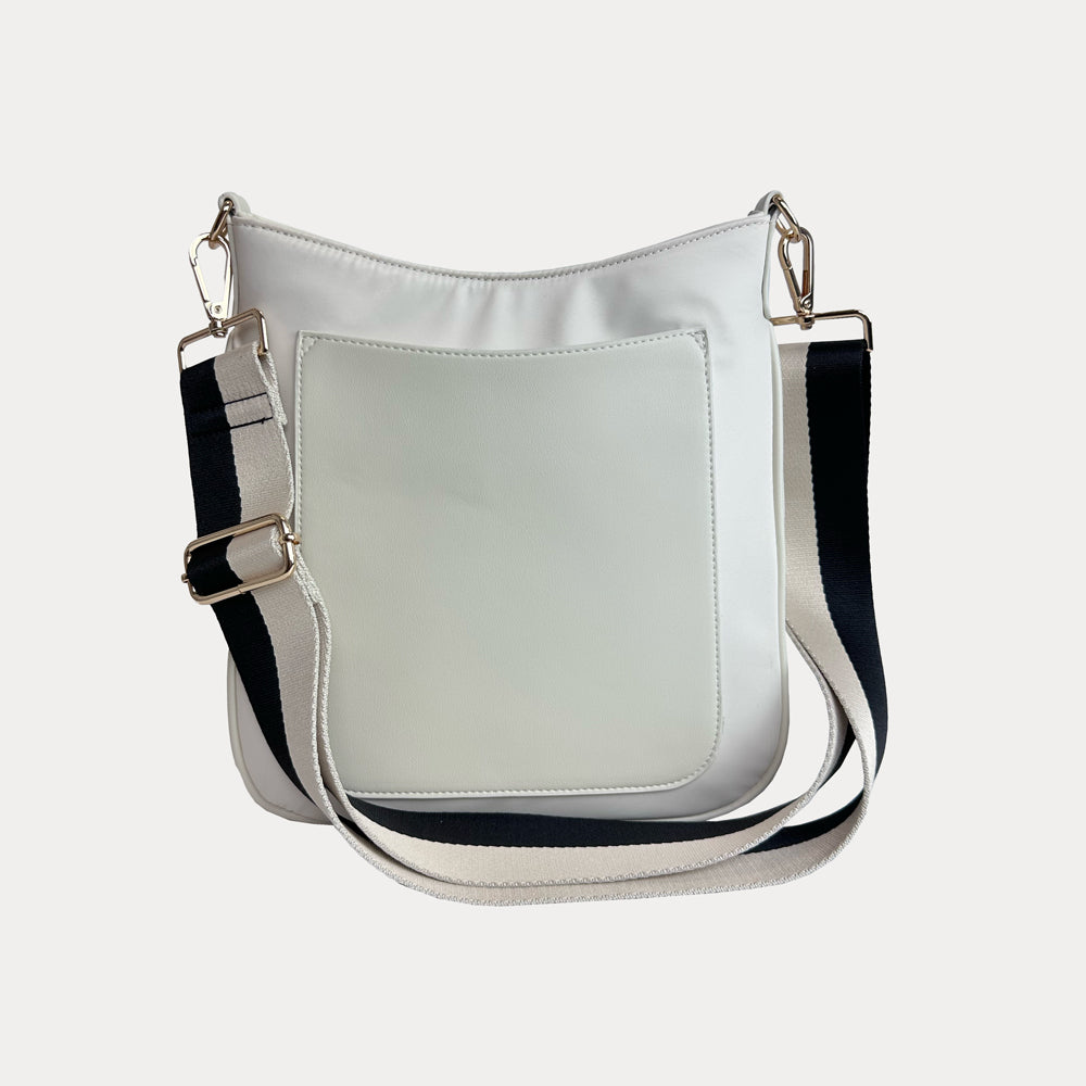 Jackie Nylon-Vegan Leather Messenger in Cream with Cream-Black Striped Strap.