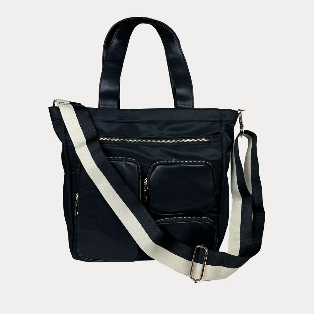 Jessie Nylon Tote with Vegan Leather Details and Striped Strap- Black Colorway