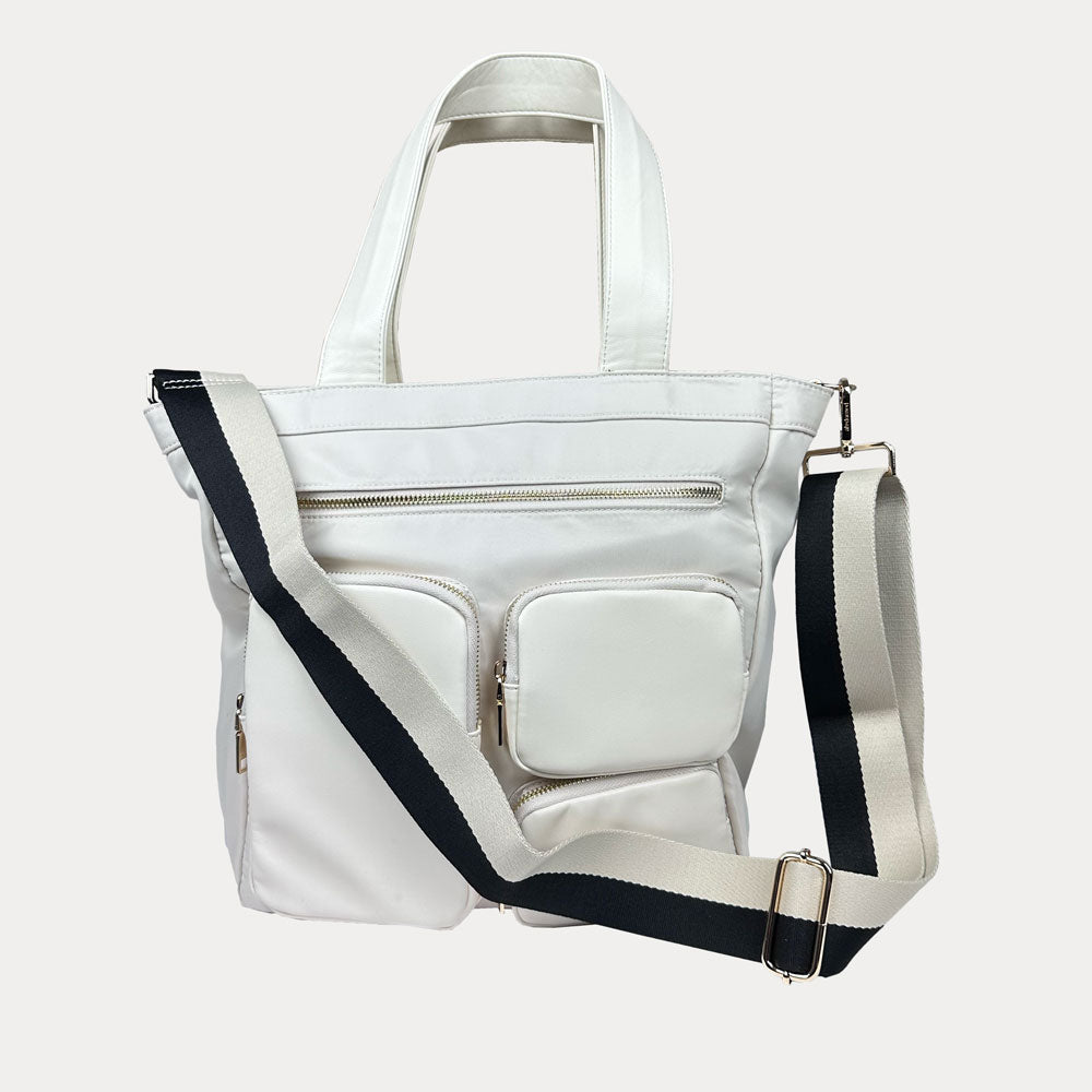 Jessie Nylon Tote with Vegan Leather Details and Striped Strap- Black Colorway