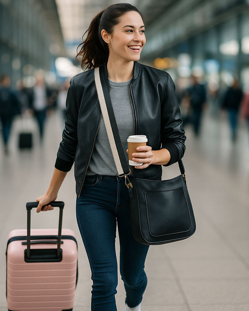 Woman walking with a pink suitcase and a black bag, holding a coffee cup in a blurred indoor setting.