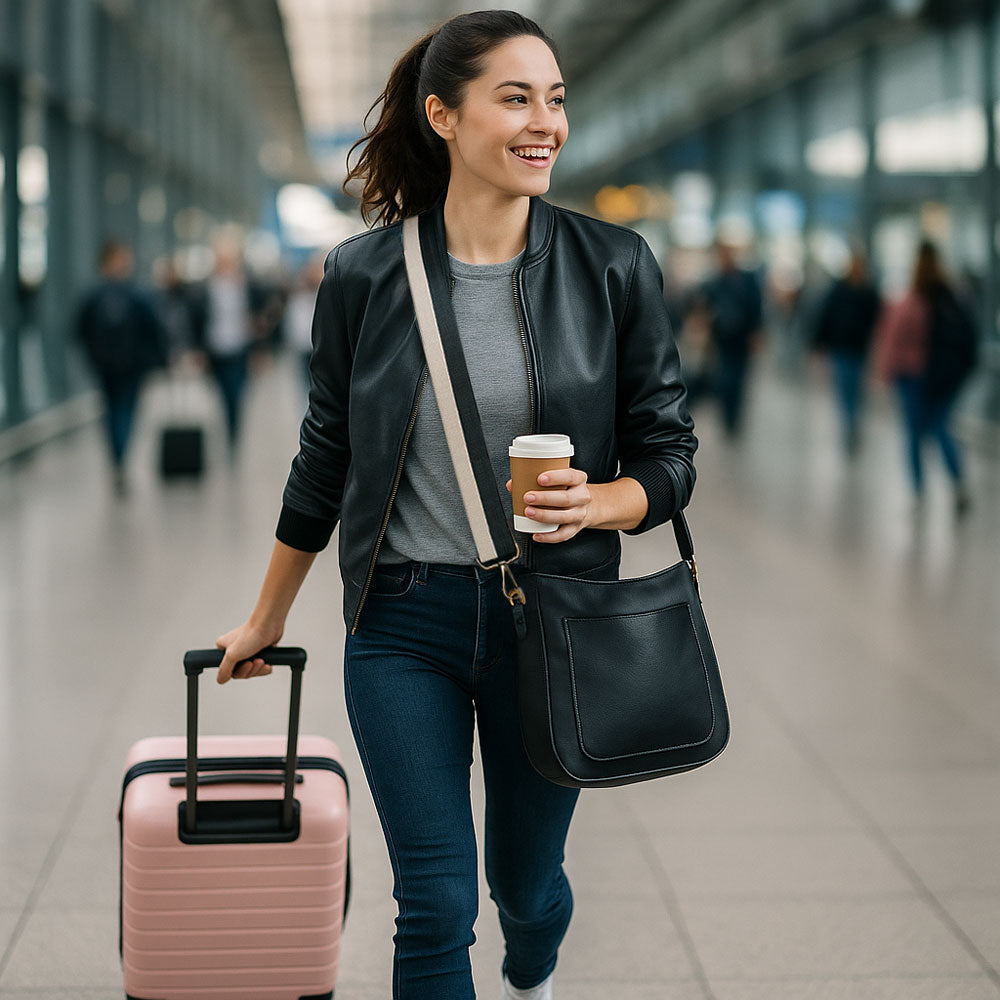 Woman walking with a pink suitcase and a black bag, holding a coffee cup in a blurred indoor setting.