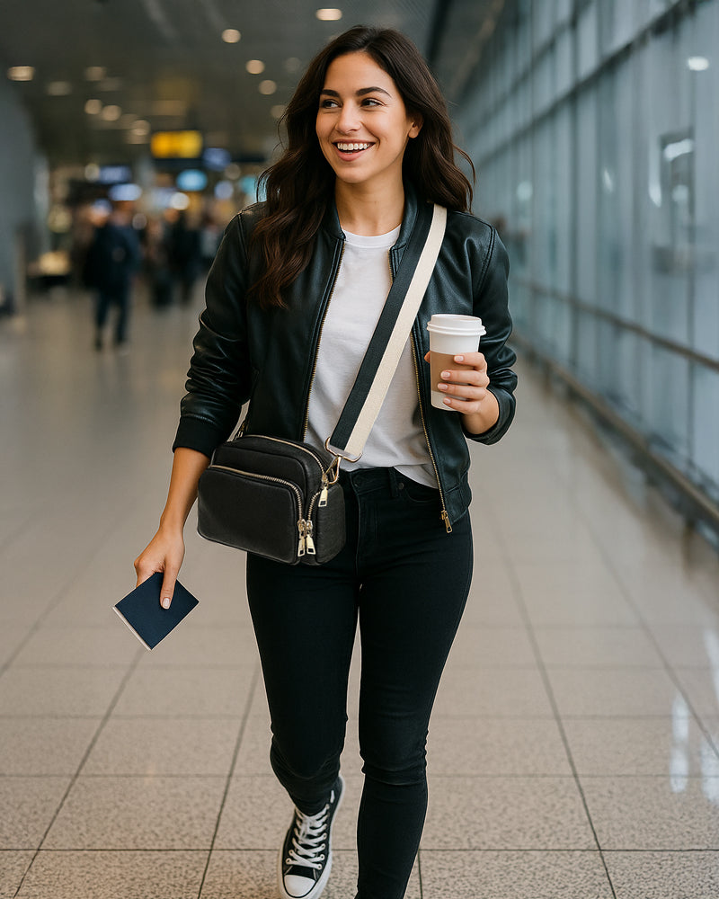 Woman walking in an airport holding a coffee cup and passport