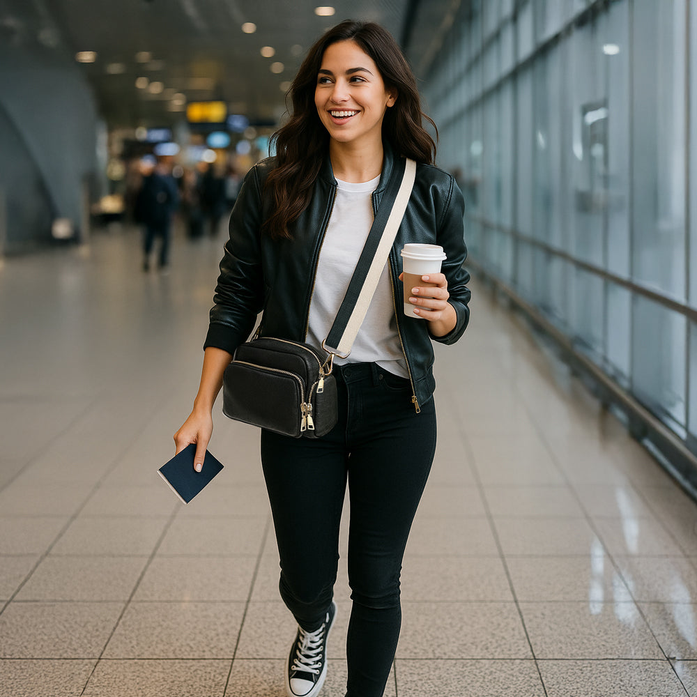 Woman walking in an airport holding a coffee cup and passport
