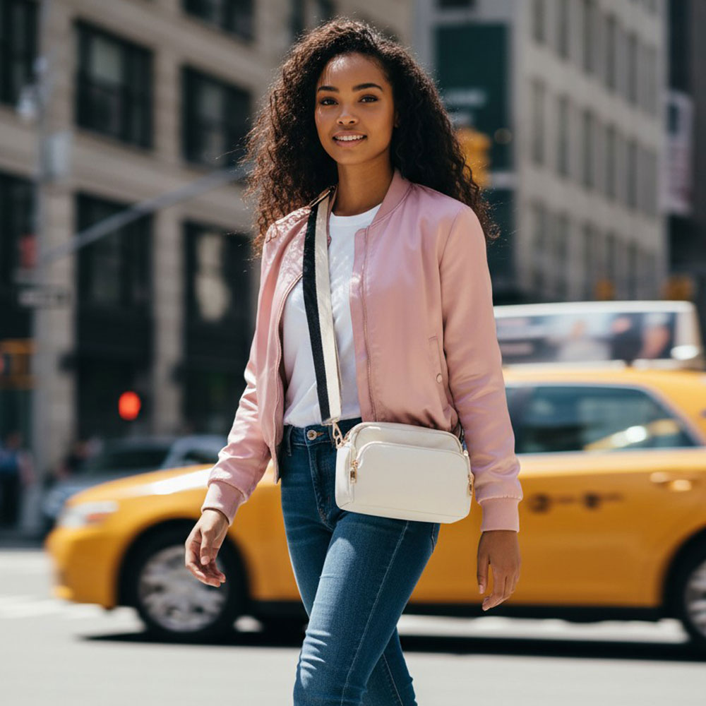 Woman in a pink bomber jacket and blue jeans standing on a city street with a yellow taxi in the background. She is wearing a cream crossbody bag