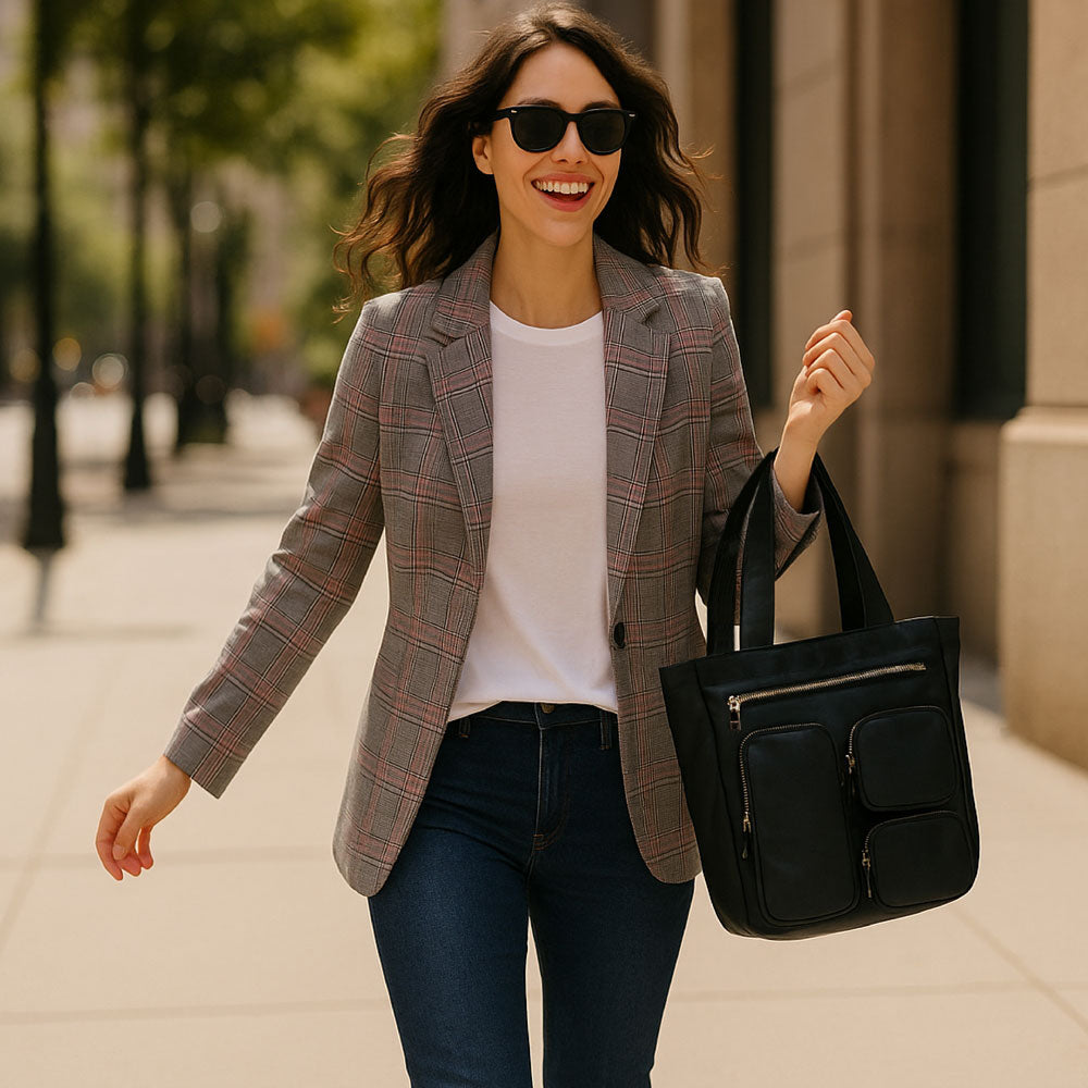 Woman walking outdoors wearing sunglasses, a plaid blazer, and carrying a black tote bag.