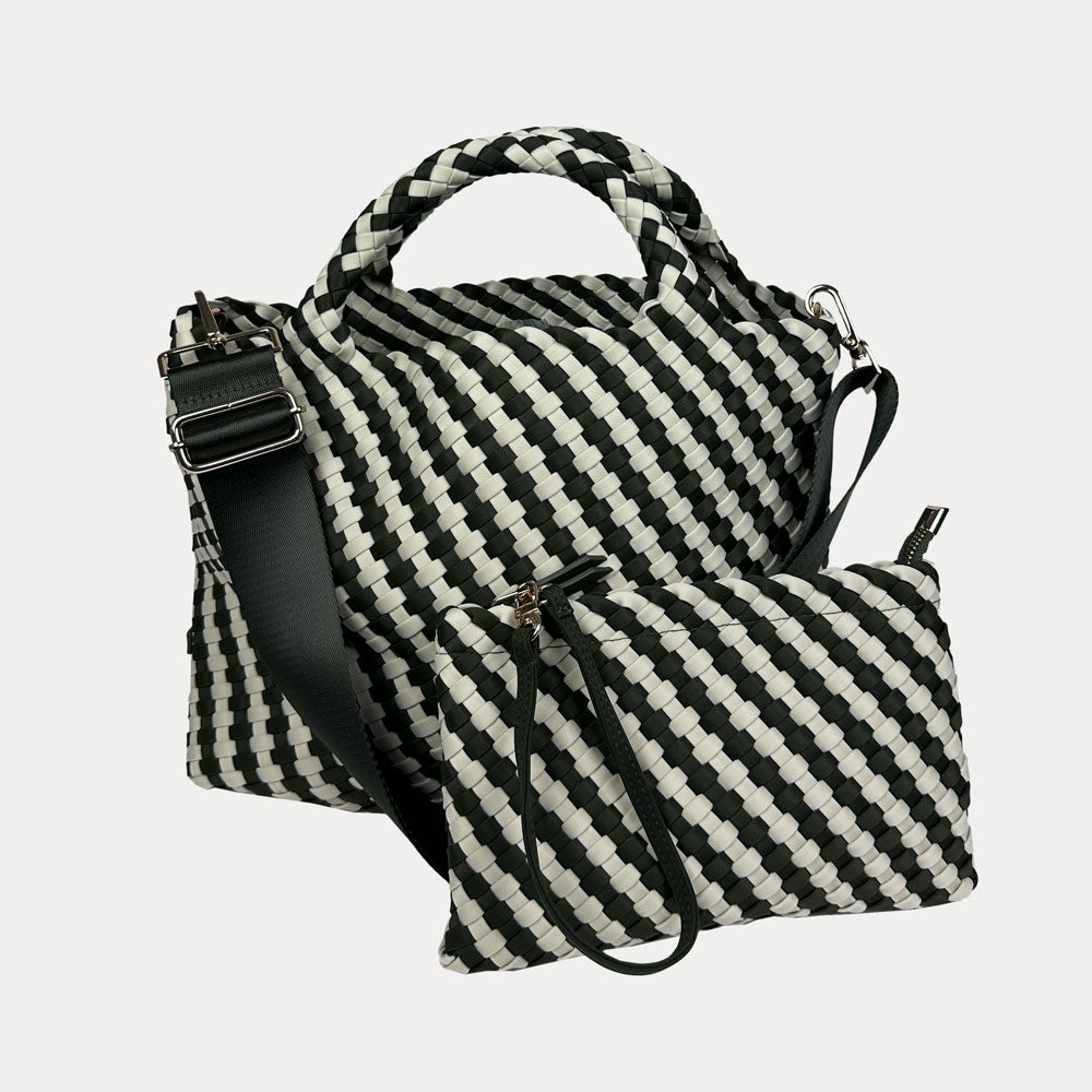 Army and Ecru striped bag with a army strap on a light gray background