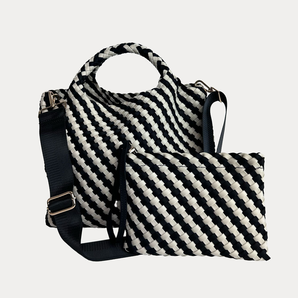 Lily Woven Neoprene Tote with Pouch in Black-Egret