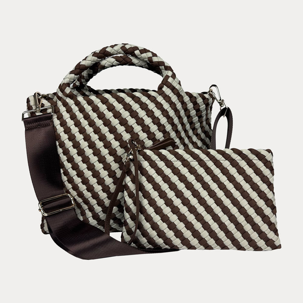 Lily Woven Neoprene Tote in Chocolate/Ecru shown crossbody strap & removable Pouch