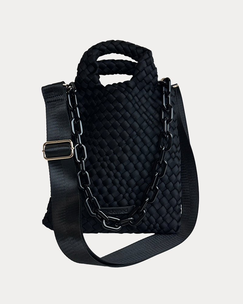 Lola Woven Neoprene Crossbody Bag with Removable Resin Chain and Removable/Adjustable Bag Strap in Black