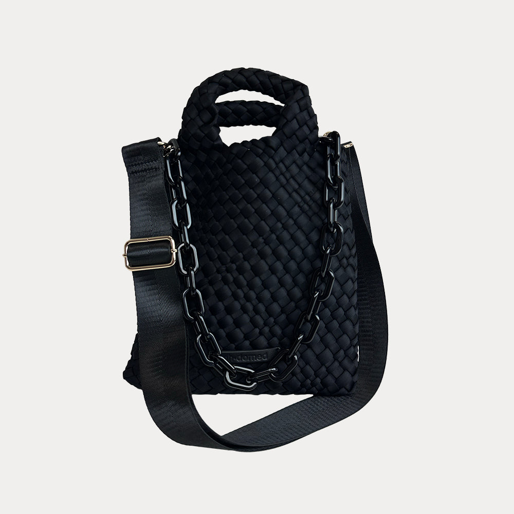 Lola Woven Neoprene Crossbody Bag with Removable Resin Chain and Removable/Adjustable Bag Strap in Black