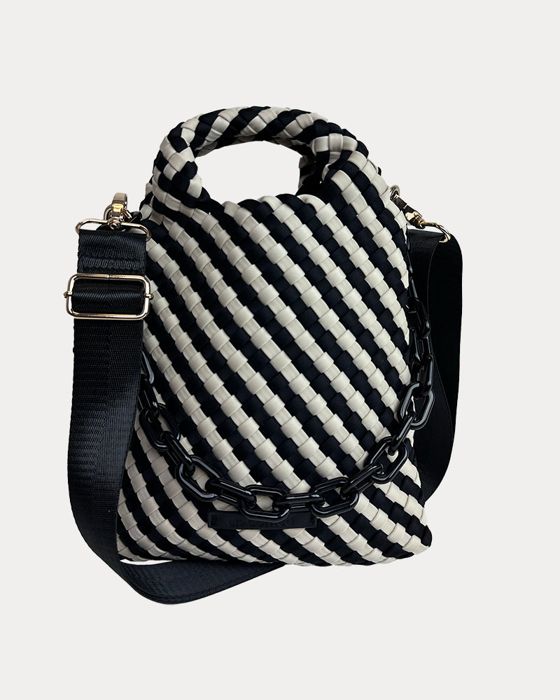 Lola Woven Neoprene Crossbody Bag with Removable Resin Chain and Removable/Adjustable Bag Strap in Black-Ecru Stripe