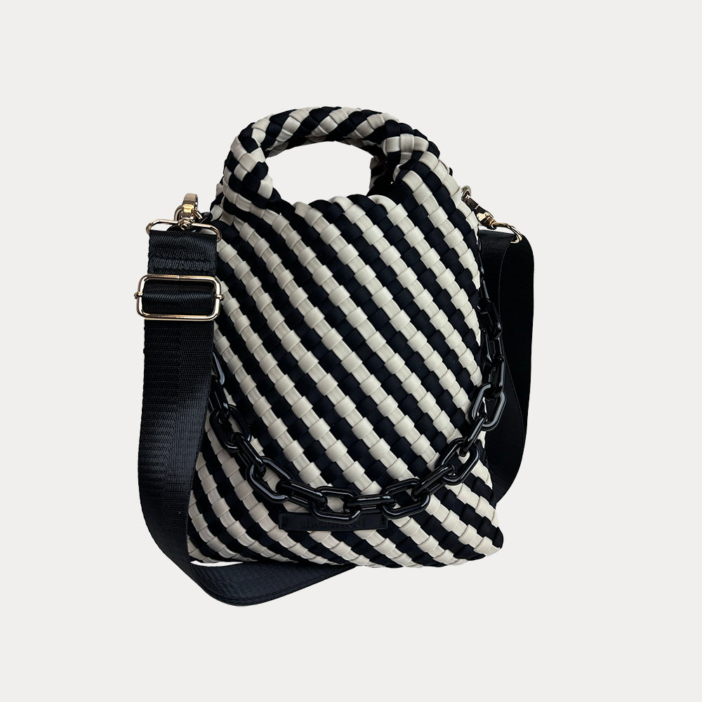 Lola Woven Neoprene Crossbody Bag with Removable Resin Chain and Removable/Adjustable Bag Strap in Black-Ecru Stripe