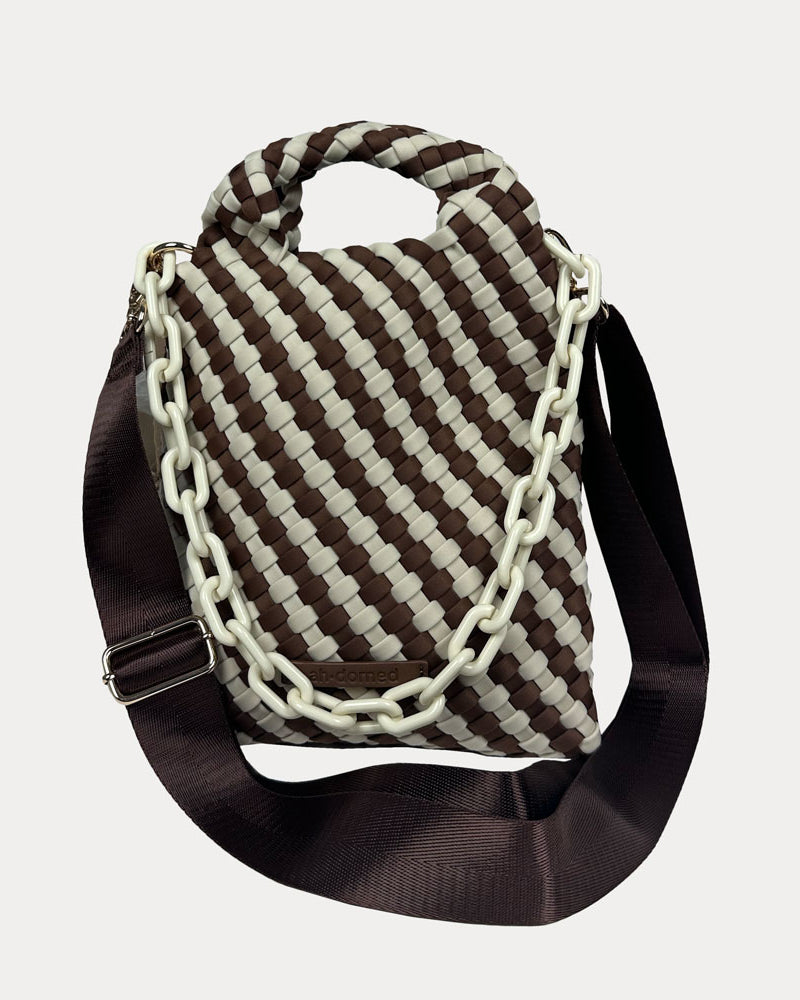 Lola Woven Neoprene Crossbody Bag with Removable Resin Chain and Removable/Adjustable Bag Strap in Chocolate-Ecru
