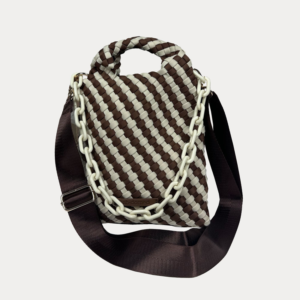 Lola Woven Neoprene Crossbody Bag with Removable Resin Chain and Removable/Adjustable Bag Strap in Chocolate-Ecru