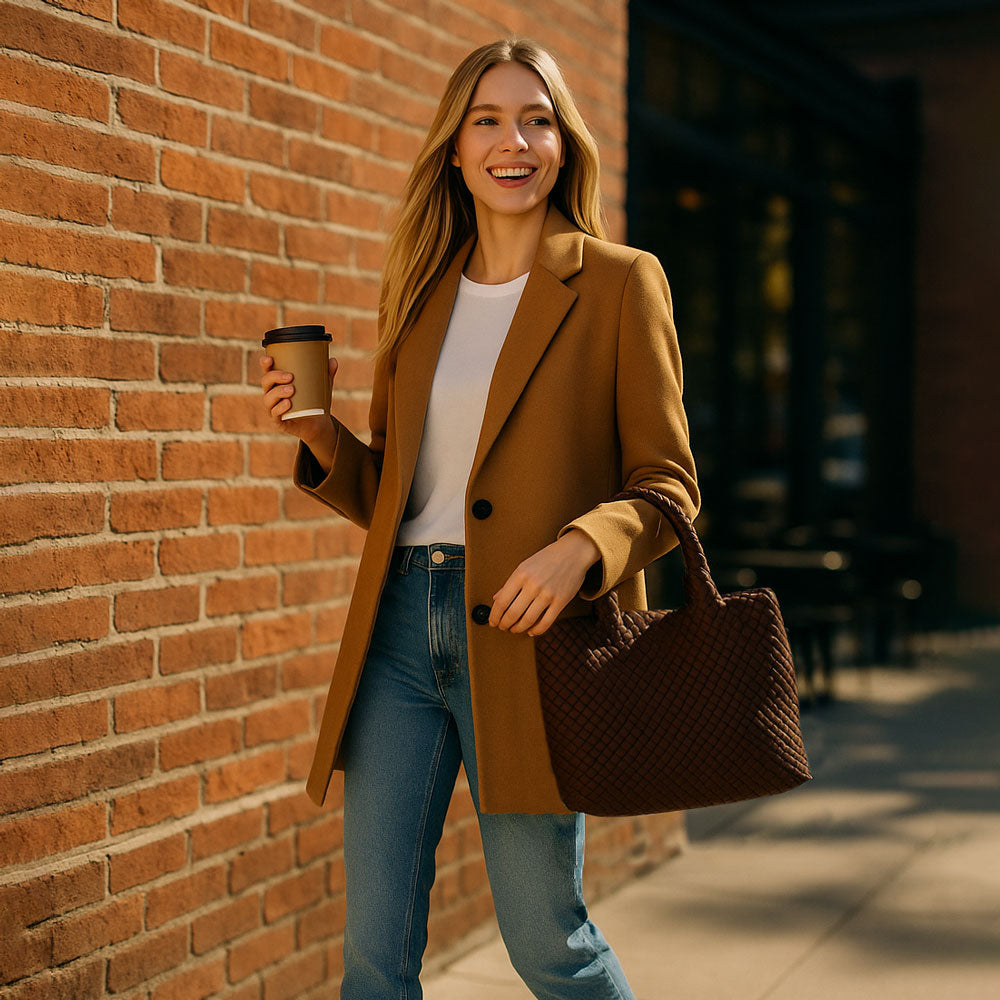 Woman in a brown coat holding a coffee cup and a brown tote against a brick wall.