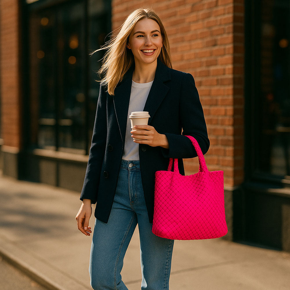 Woman holding a pink woven neoprene tote and a coffee cup on a city street.