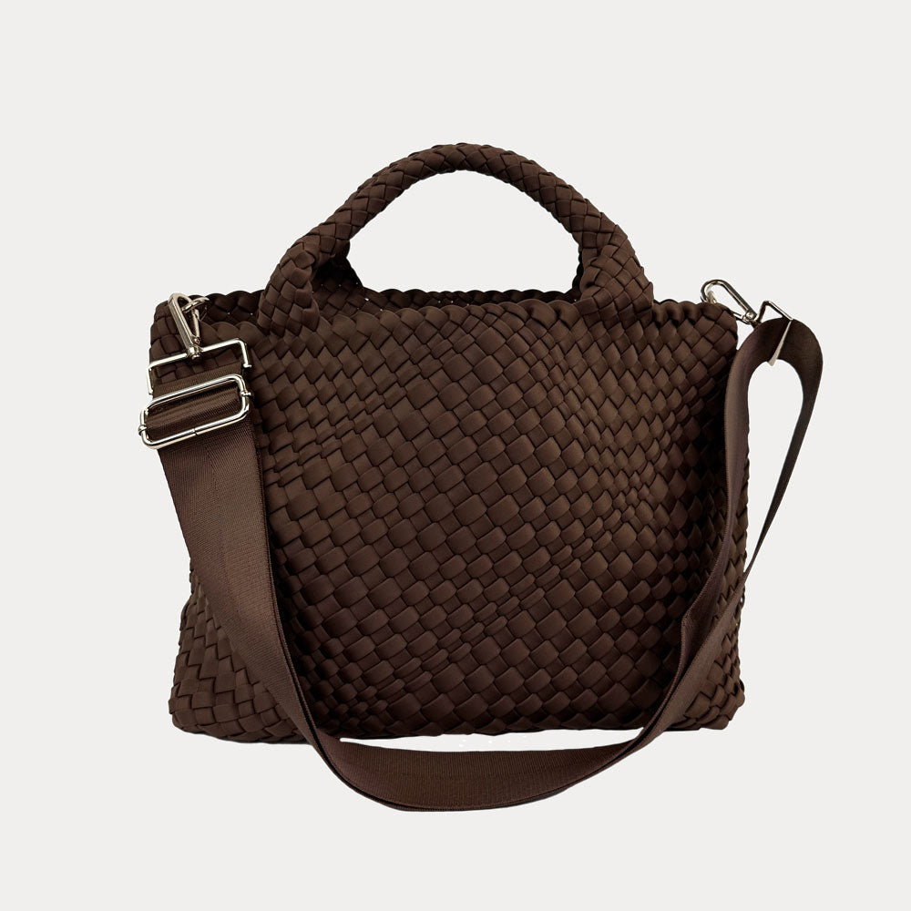 Lily Woven Neoprene Tote in Chocolate , shown crossbody strap