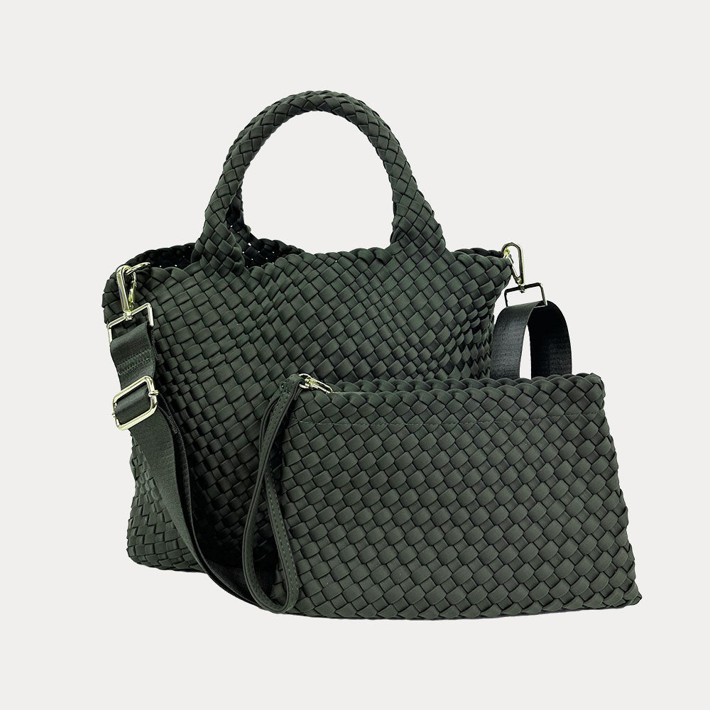 Lily Woven Neoprene Tote in Army, shown crossbody strap & removable Pouch