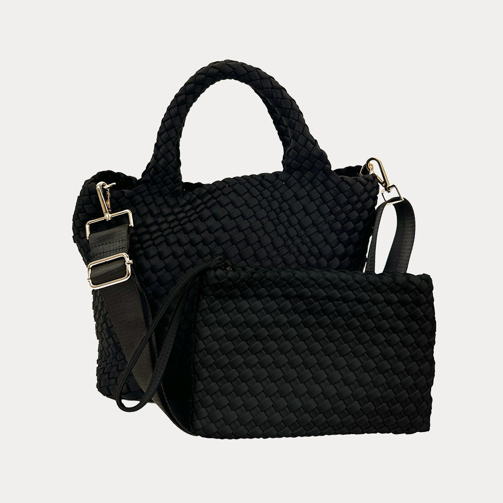 Lily Woven Neoprene Tote in Black, shown crossbody strap & removable Pouch