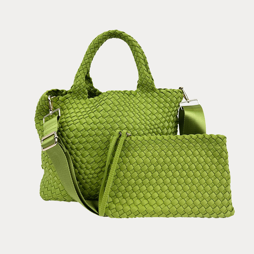 Lily Woven Neoprene Tote in Chartreuse , shown crossbody strap & removable Pouch