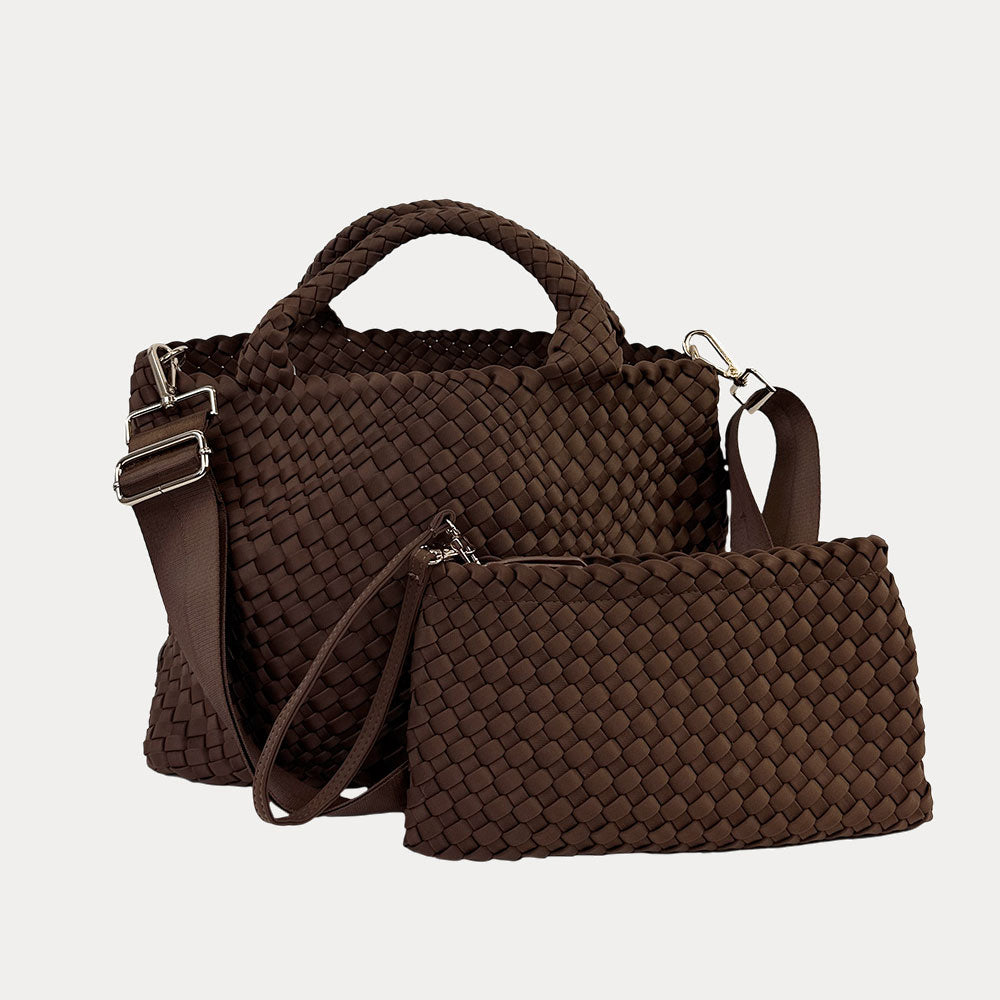 Lily Woven Neoprene Tote in Chocolate , shown crossbody strap & removable Pouch