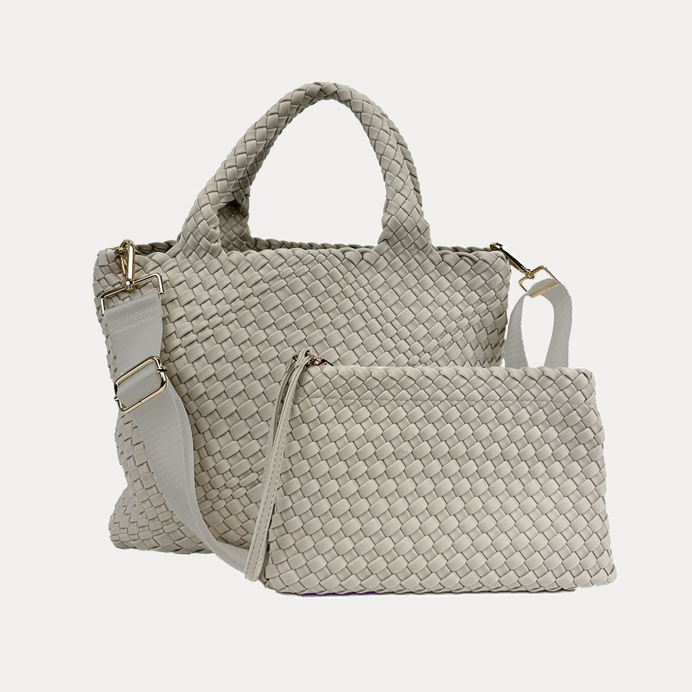 Lily Woven Neoprene Tote in Ecru , shown crossbody strap & removable Pouch