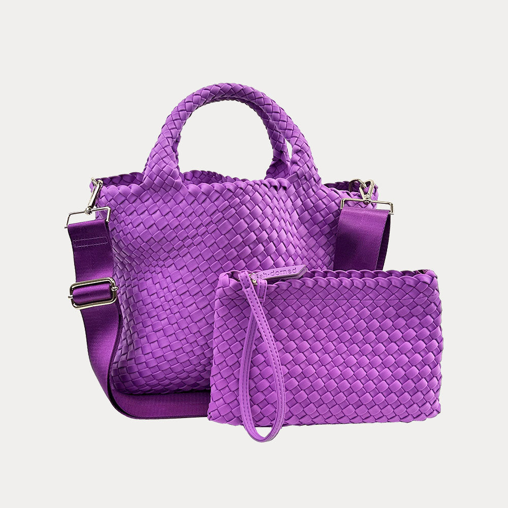 Lily Woven Neoprene Tote in Lilac, shown crossbody strap & removable Pouch