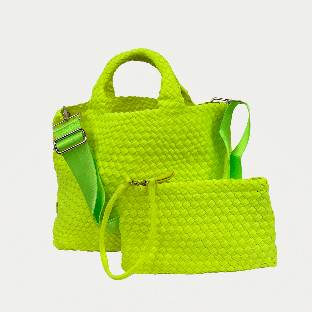 Lily Woven Neoprene Tote in Neon Yellow , shown crossbody strap & removable Pouch