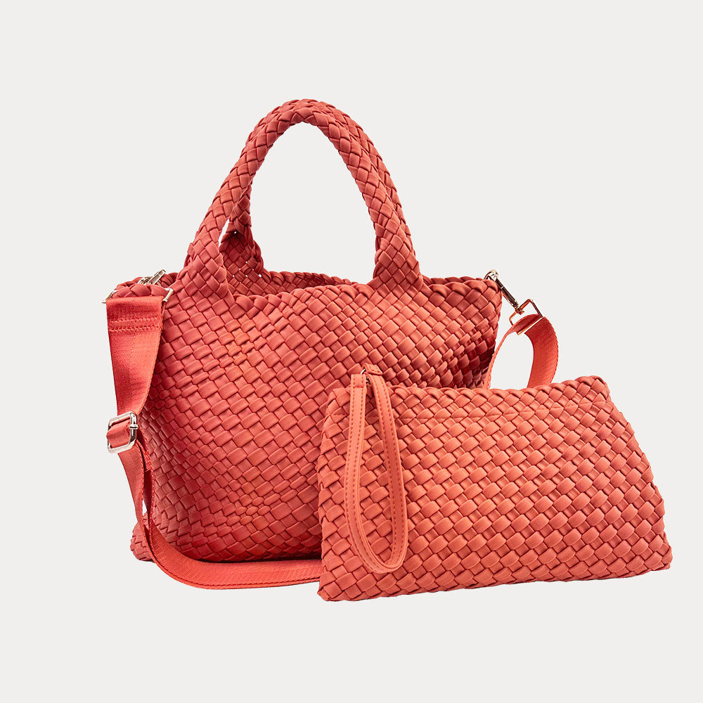 Lily Woven Neoprene Tote in Pumpkin , shown crossbody strap & removable Pouch