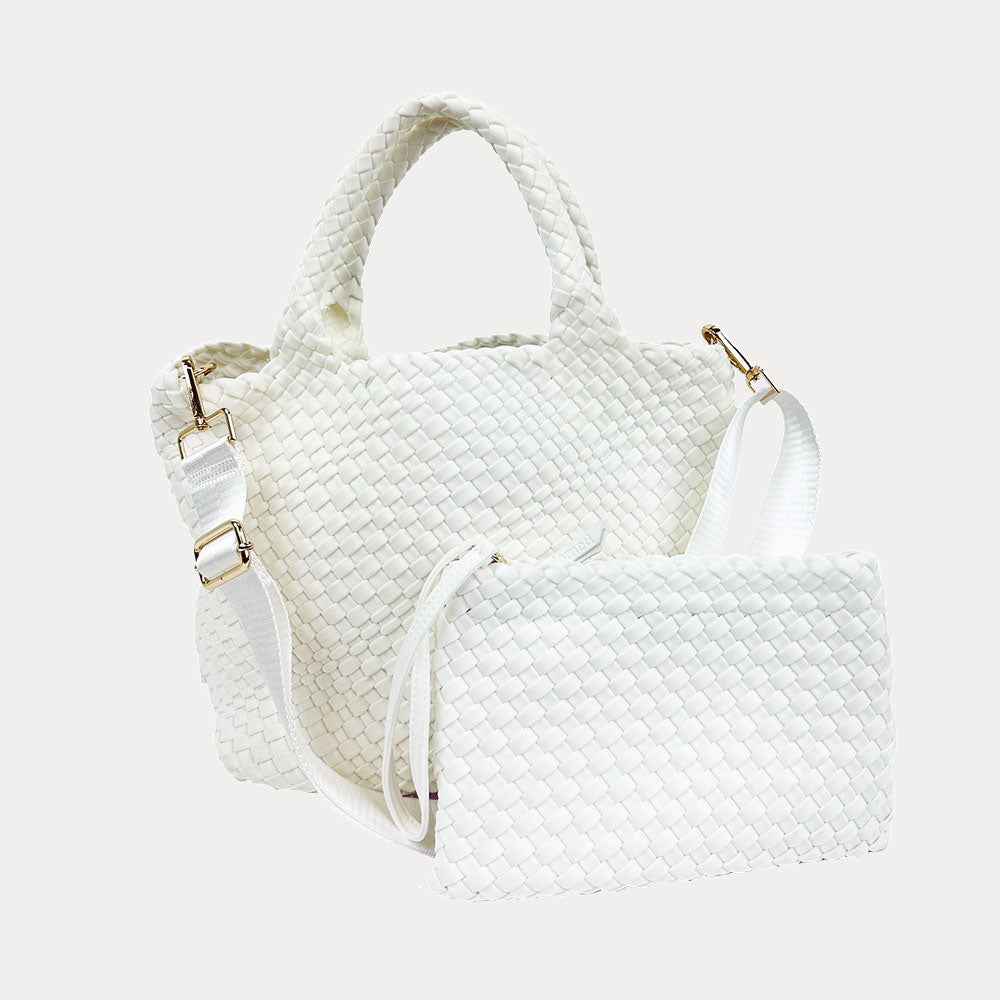 Lily Woven Neoprene Tote in White, shown crossbody strap & removable Pouch