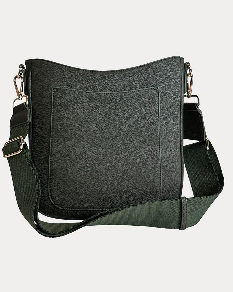 Maxine Vegan Pebble Leather Messenger in Army with matching Bag Strap.