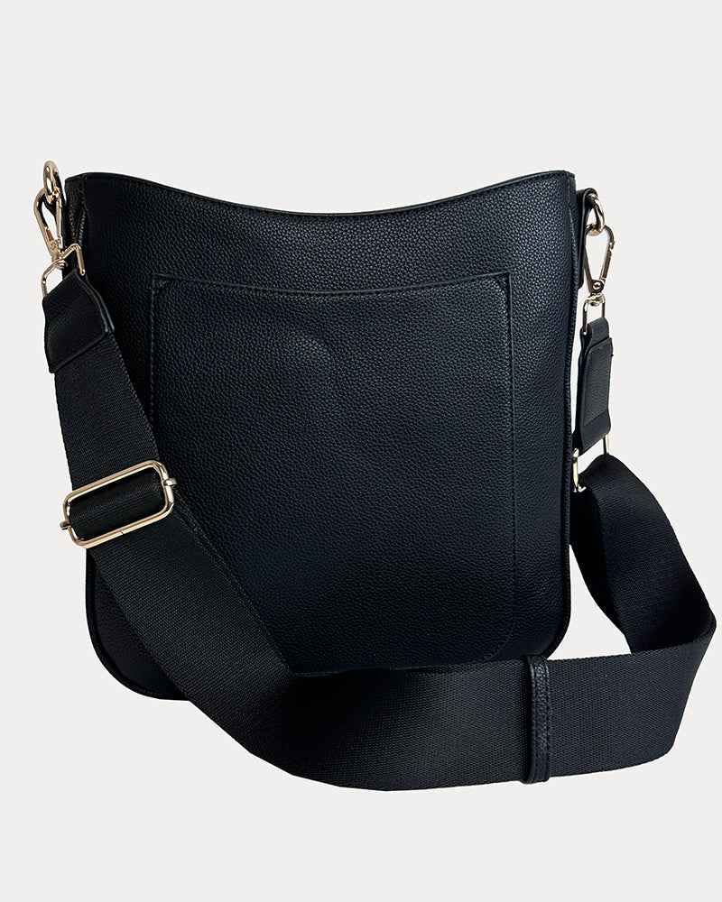 Maxine Vegan Pebble Leather Messenger in Black with matching Bag Strap.