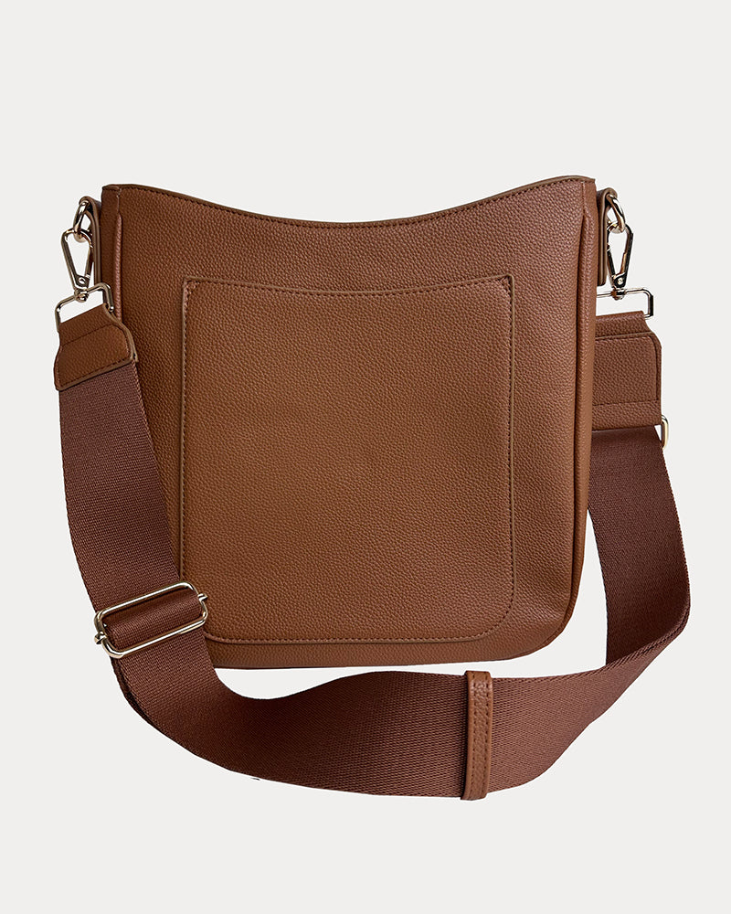 Maxine Vegan Pebble Leather Messenger in Camel with matching Bag Strap.