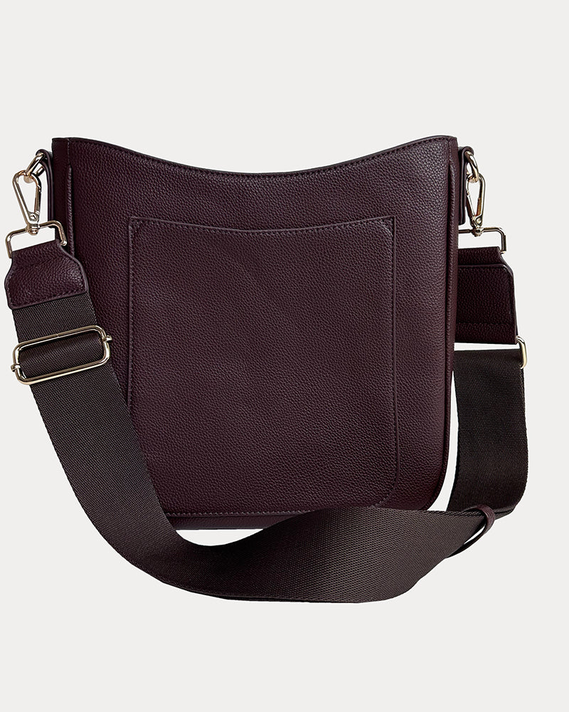 Maxine Vegan Pebble Leather Messenger in Coffee with matching Bag Strap.