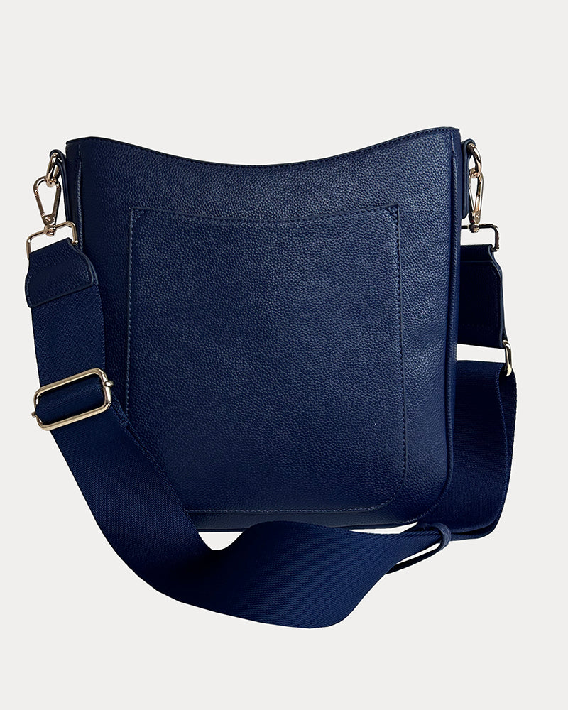 Maxine Vegan Pebble Leather Messenger in Navy with matching Bag Strap.