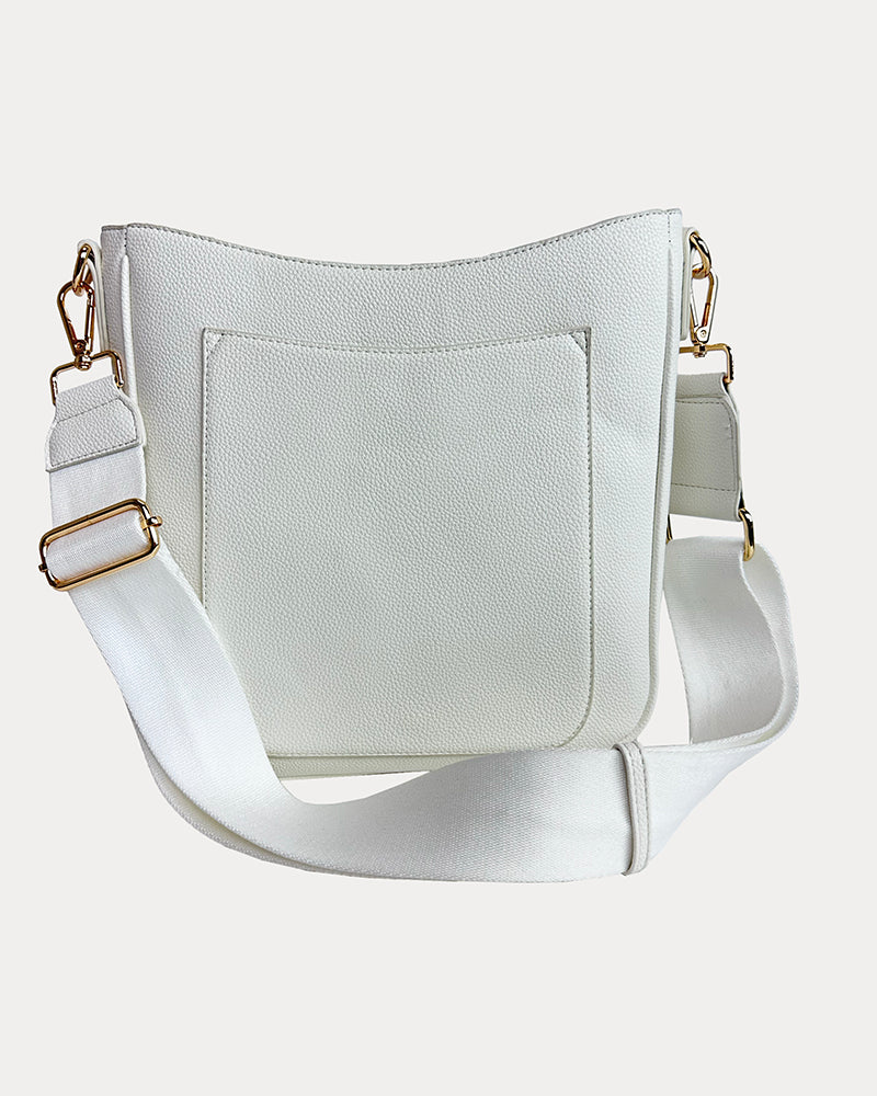 Maxine Vegan Pebble Leather Messenger in White with matching Bag Strap.