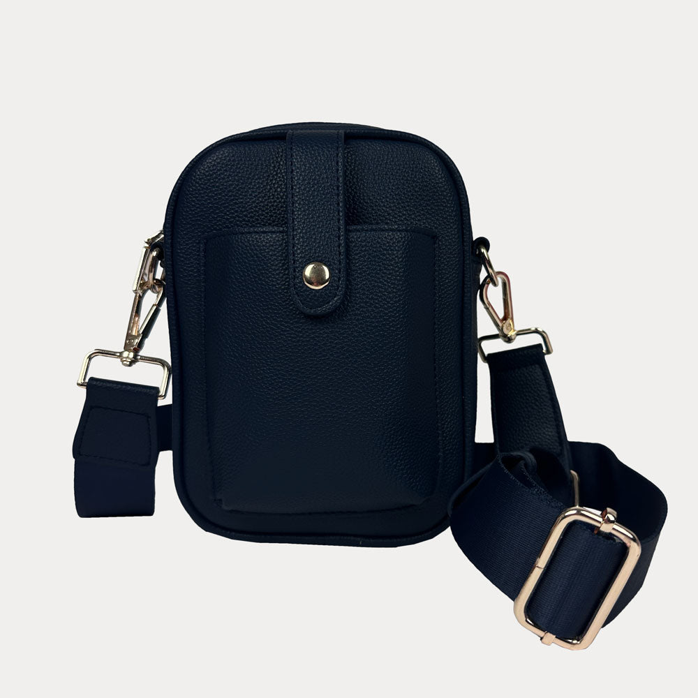 Maya Crossbody in Black Vegan Pebble Leather with a crossbody bag strap and gold trim.