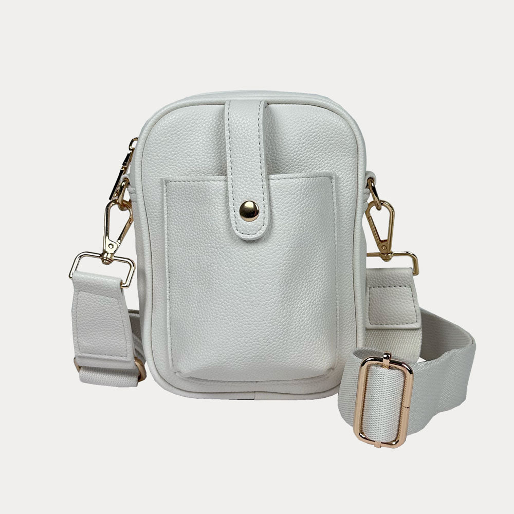 Maya Crossbody in Cream Vegan Pebble Leather with a crossbody bag strap and gold trim.